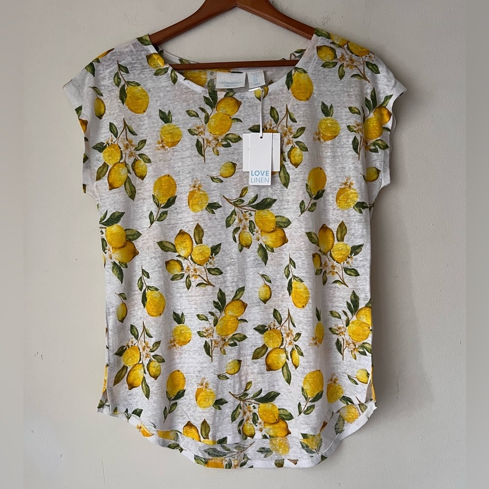 New Cynthia Rowley White Vibrant Lemon Linen Blouse Vacation Beach Women's Top M